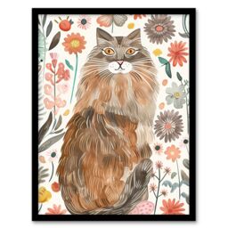 "Artery8 Cat Lover Maine Coon Folk Art Floral Watercolour Framed Wall Art - Size: W12"" x H16""" - thumbnail 1
