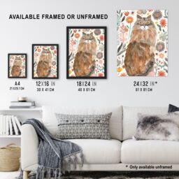 "Artery8 Cat Lover Maine Coon Folk Art Floral Watercolour Framed Wall Art - Size: W12"" x H16""" - thumbnail 3