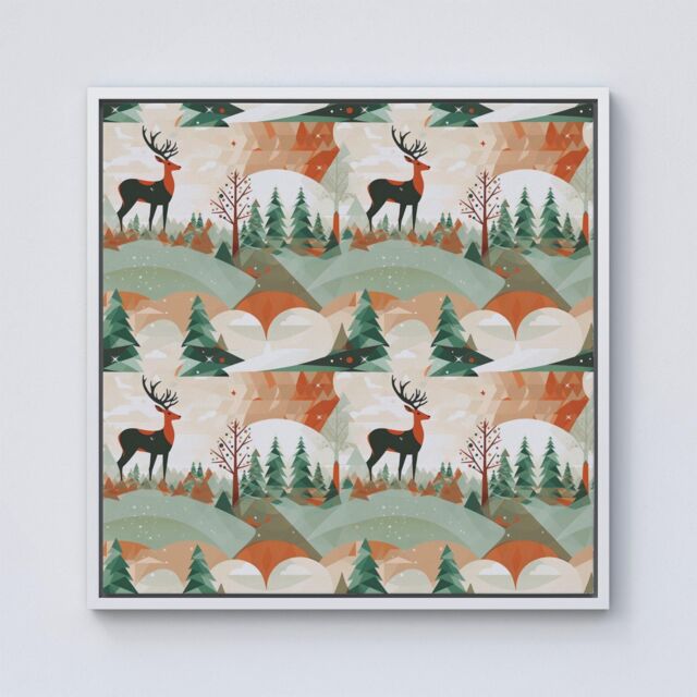 Warren Reed - Designer Reindeer On A Snowy Landscape Pattern Framed Canvas in Off-White - Size: w40 inch x h40 inch - image 1
