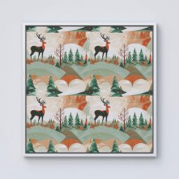 Warren Reed - Designer Reindeer On A Snowy Landscape Pattern Framed Canvas in Off-White - Size: w40 inch x h40 inch - thumbnail 1