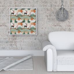 Warren Reed - Designer Reindeer On A Snowy Landscape Pattern Framed Canvas in Off-White - Size: w40 inch x h40 inch - thumbnail 2