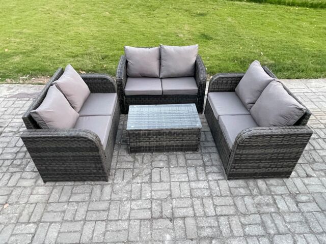 Fimous Outdoor Garden Furniture Sets 6 Seater Wicker Rattan Furniture Sofa Sets with Rectangular Coffee Table Love Sofa Dark Grey Mixed - image 1