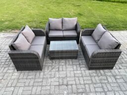Fimous Outdoor Garden Furniture Sets 6 Seater Wicker Rattan Furniture Sofa Sets with Rectangular Coffee Table Love Sofa Dark Grey Mixed - thumbnail 1