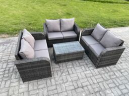 Fimous Outdoor Garden Furniture Sets 6 Seater Wicker Rattan Furniture Sofa Sets with Rectangular Coffee Table Love Sofa Dark Grey Mixed - thumbnail 2