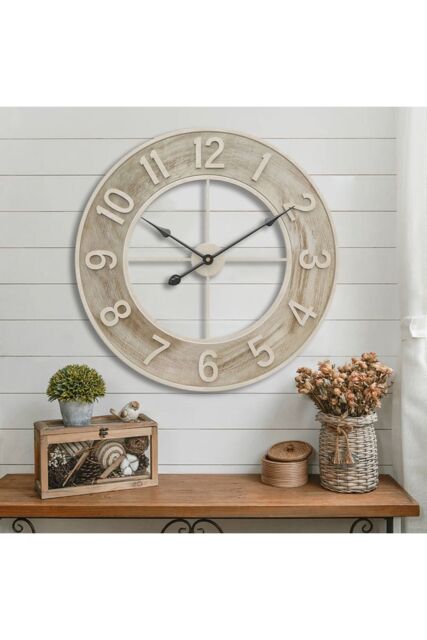 Living and Home 60cm Large Wooden & Iron Wall Clock - Creative Statement Timepiece for Living Room Décor in Natural - image 1