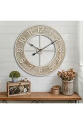 Living and Home 60cm Large Wooden & Iron Wall Clock - Creative Statement Timepiece for Living Room Décor in Natural