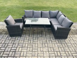 Fimous Outdoor Furniture Garden Dining Set Rattan Corner Sofa Chair Set Rectangular Dining Table with Temper Glass Dark Grey Mixed - thumbnail 1