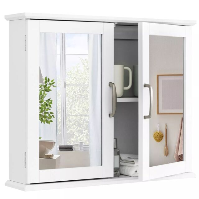 Costway Wall Mounted Bathroom Mirror Cabinet Wooden Storage Cupboard Medicine Cabinet in White - image 1