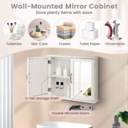 Costway Wall Mounted Bathroom Mirror Cabinet Wooden Storage Cupboard Medicine Cabinet in White - thumbnail 6