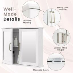 Costway Wall Mounted Bathroom Mirror Cabinet Wooden Storage Cupboard Medicine Cabinet in White - thumbnail 3