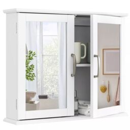 Costway Wall Mounted Bathroom Mirror Cabinet Wooden Storage Cupboard Medicine Cabinet in White - thumbnail 1