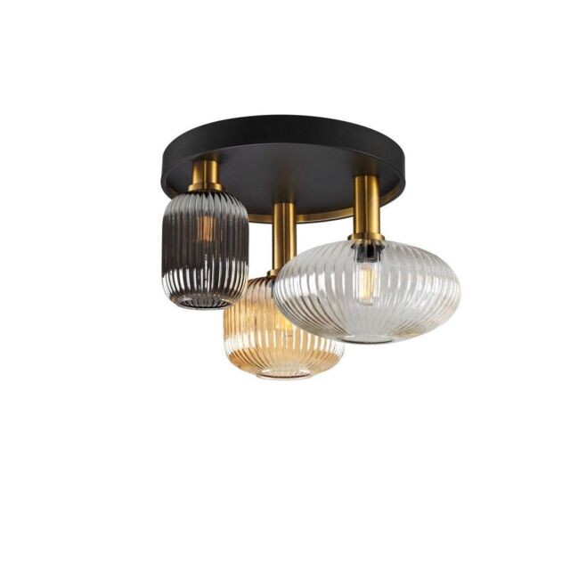 Netlighting Norma 3 Light Globe Ceiling Light Black Brass 3 Crystal Shades E27 - image 1