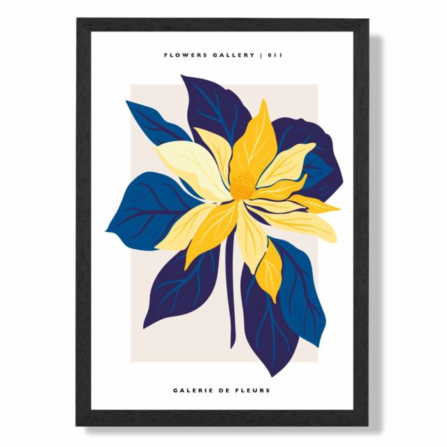 ARTZE Abstract Blue & Yellow Lilly Flower Market Gallery Framed Print SIZE: A4 with Black Frame - image 1