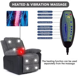 FURNITURE ONE Massage Recliner Chair, Dual Motor Heated 8 Point Massage Sofa Chair in Grey - Size: 1 Pack - thumbnail 5