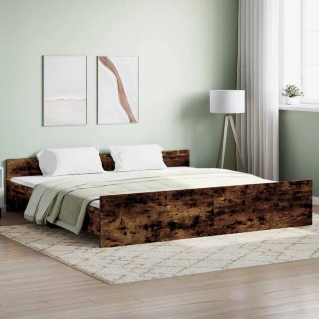 Berkfield Home Bed Frame with Headboard & Footboard Smoked Oak 200x200 cm in Brown - image 1