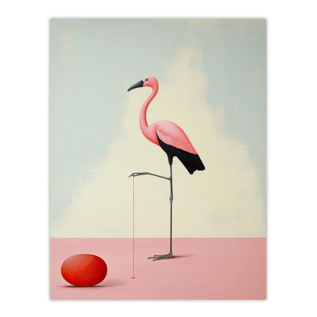 "Wee Blue Coo Wall Art Print Playful Flamingo Pastel Colour Pink Blue Surreal Oil Painting Poster - Size: W24"" x H32""" - image 1