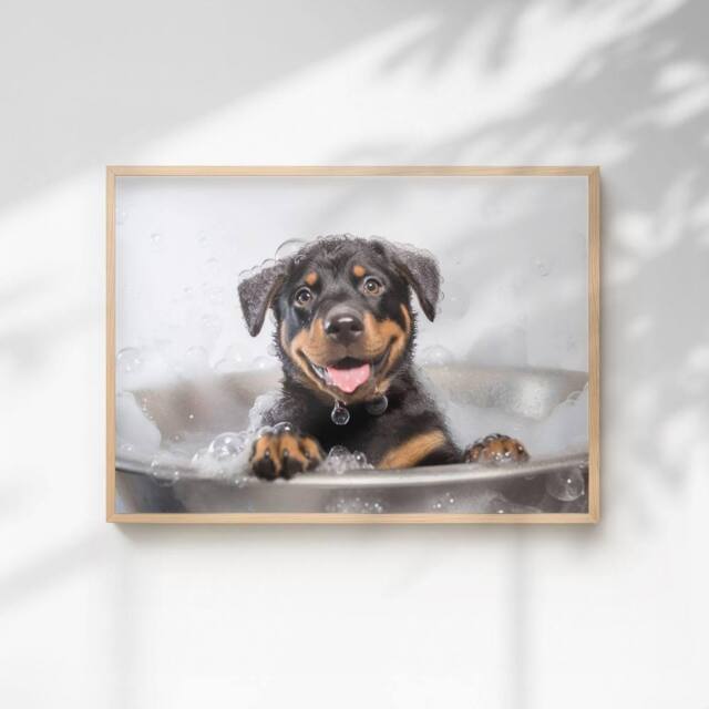 60 SECOND MAKEOVER Rottweiler In The Bath Quirky Animal Print - Size: A4 - image 1