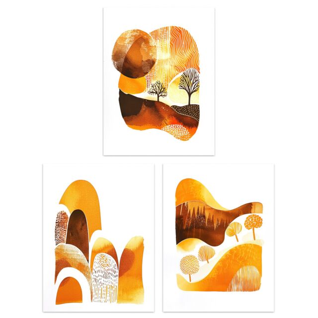 "Artery8 Set of 3 Abstract Autumn Mountain Landscapes 12X16"" Wall Art Prints in Orange - Size: W12"" x H16""" - image 1