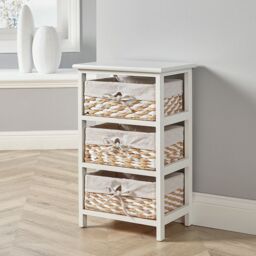 Home Source Wooden Storage Chest 3 Drawer Wicker Basket Organiser Fully Assembled in White - thumbnail 1