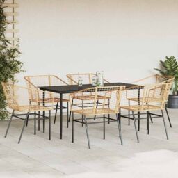 Berkfield Home 7 Piece Garden Dining Set Brown Poly Rattan Glass - thumbnail 3