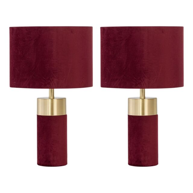 First Choice Lighting Set of 2 Burgundy Velvet with Brass Detail Table Lamps - image 1