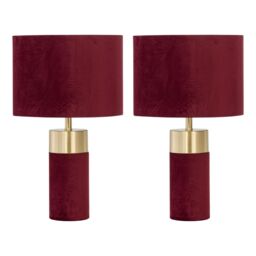 First Choice Lighting Set of 2 Burgundy Velvet with Brass Detail Table Lamps