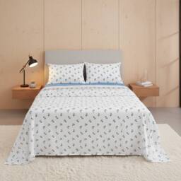 Snug City Soft Flower Print Brushed Cotton Fitted Flat Sheet Matching Pillowcase in Blue - Size: King - thumbnail 1