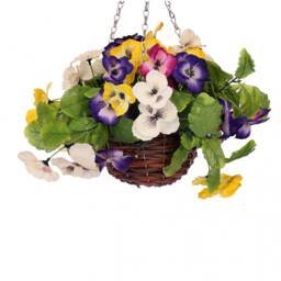 Oypla Artificial Hanging Wicker Basket with Multicoloured Pansy Flowers in Brown - thumbnail 2