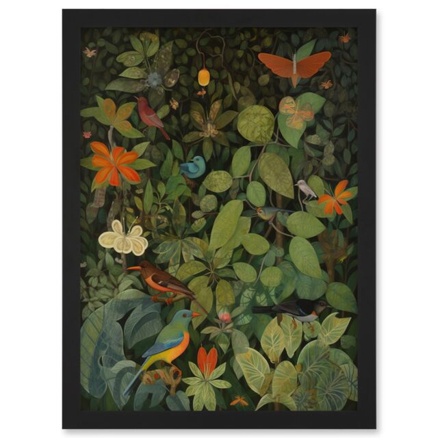 Artery8 Audubon Style Birds & Insects in Jungle Artwork Framed Wall Art Print A4 in Black - image 1