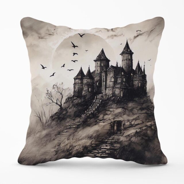 Warren Reed - Designer A Realistic Ink Drawing Of A Haunted Castle Outdoor Cushion in Grey - Size: 60 cm x 60 cm - image 1