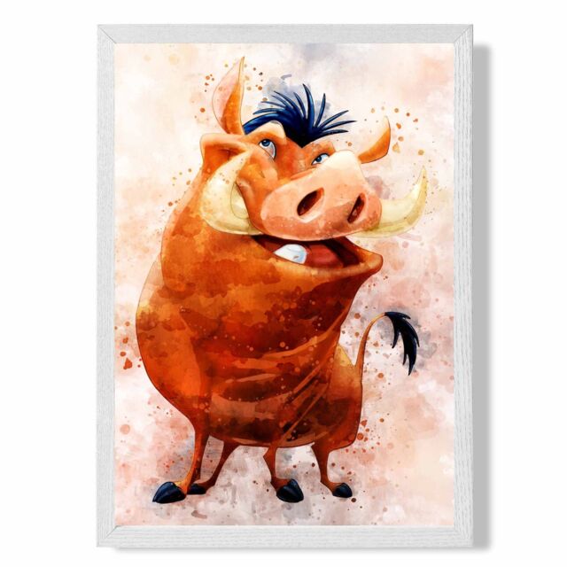 ARTZE Pumba Watercolour Lion King Framed Print SIZE: A3 with White Frame in Brown - Size: A2 - image 1