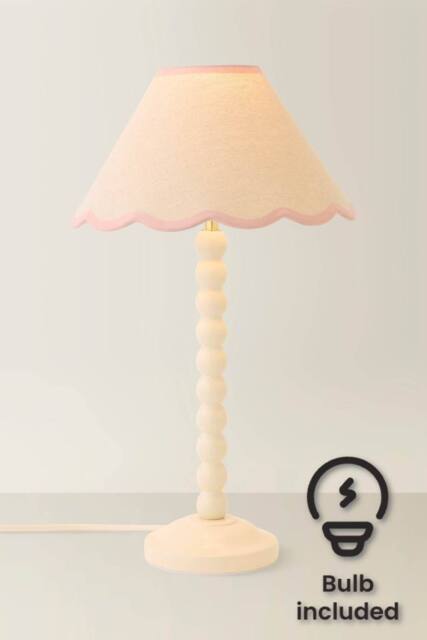 ValueLights Bobbin Colour Trim Linen Shade Cream Bobble Table Lamp with Bulb in Baby Pink - image 1