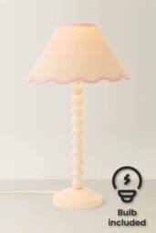 ValueLights Bobbin Colour Trim Linen Shade Cream Bobble Table Lamp with Bulb in Baby Pink - thumbnail 1