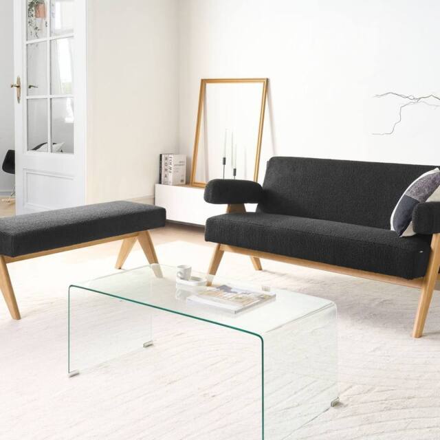 Wyld and Coco Boucle 2-Seater Sofa with Bench - Black and Light Brown - image 1