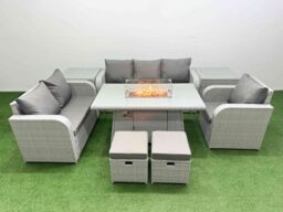 Fimous Patio PE Wicker 8 Seater Outdoor Rattan Furniture Sofa Sets w/ Firepit Dining Table Reclining Chair Loveseat Sofa 3 Seater Sofa Stool 2 Side - thumbnail 2