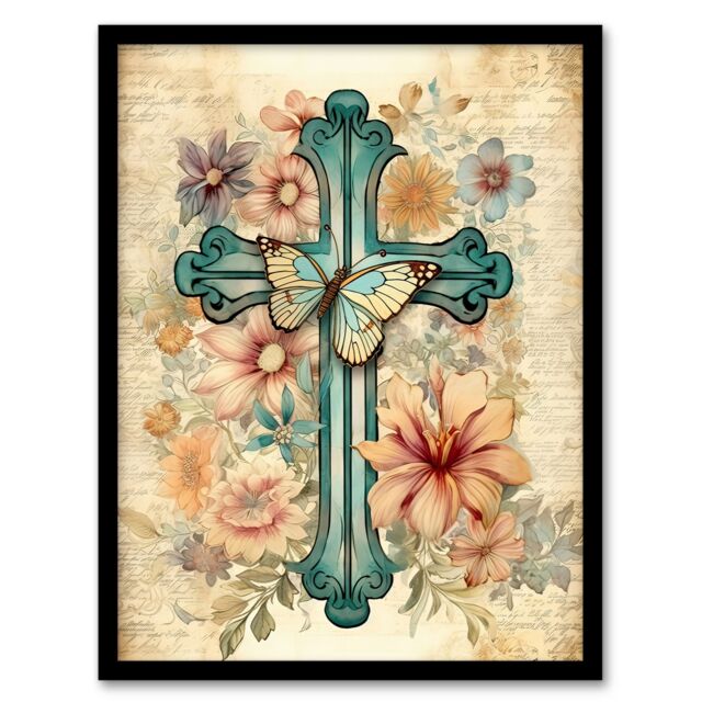 Artery8 Wall Art Print Flowery Cross Upcycle Watercolour Painting Pastel Colour Flower Blooms & Butterfly Artwork Framed in Beige - Size: A4 - image 1