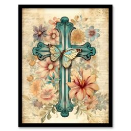 Artery8 Wall Art Print Flowery Cross Upcycle Watercolour Painting Pastel Colour Flower Blooms & Butterfly Artwork Framed in Beige - Size: A4 - thumbnail 1