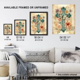 Artery8 Wall Art Print Flowery Cross Upcycle Watercolour Painting Pastel Colour Flower Blooms & Butterfly Artwork Framed in Beige - Size: A4 - thumbnail 3