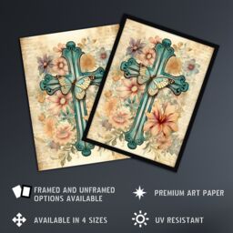 Artery8 Wall Art Print Flowery Cross Upcycle Watercolour Painting Pastel Colour Flower Blooms & Butterfly Artwork Framed in Beige - Size: A4 - thumbnail 2