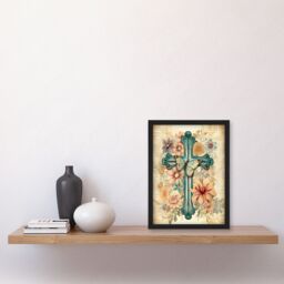 Artery8 Wall Art Print Flowery Cross Upcycle Watercolour Painting Pastel Colour Flower Blooms & Butterfly Artwork Framed in Beige - Size: A4 - thumbnail 4