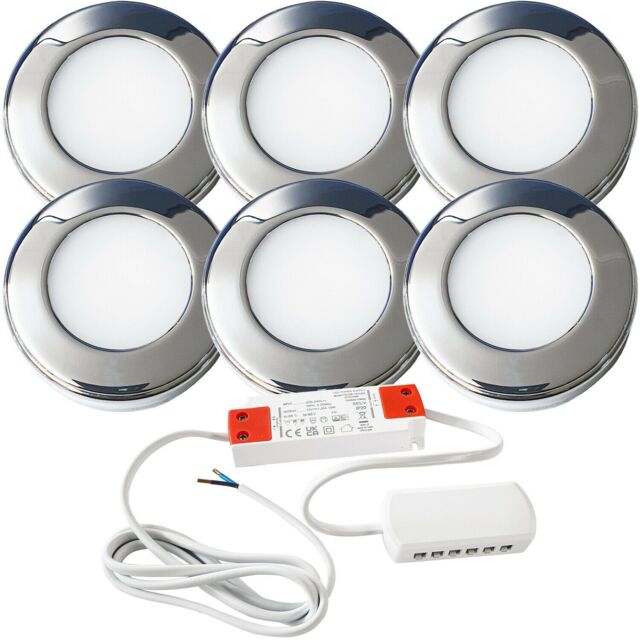 Loops 6x CHROME Round Surface or Flush Under Cabinet Kitchen Light & Driver Kit - Natural White LED - image 1
