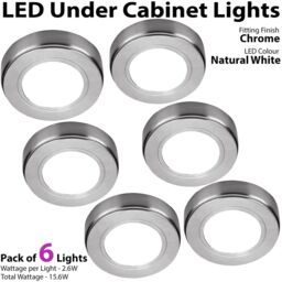 Loops 6x CHROME Round Surface or Flush Under Cabinet Kitchen Light & Driver Kit - Natural White LED - thumbnail 3