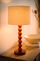 ValueLights Wyatt Natural Linen Drum Lamp Shade Walnut Wood Bobbin Table Lamp - thumbnail 2