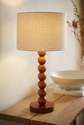 ValueLights Wyatt Natural Linen Drum Lamp Shade Walnut Wood Bobbin Table Lamp