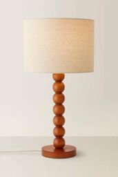 ValueLights Wyatt Natural Linen Drum Lamp Shade Walnut Wood Bobbin Table Lamp - thumbnail 3