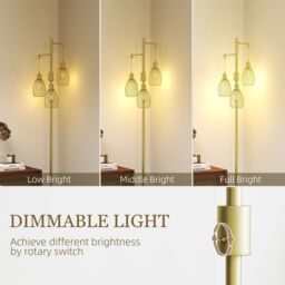 HOMCOM Industrial 3-Light Floor Lamp Dimmable Standing Lamp for Living Room in Gold - thumbnail 4