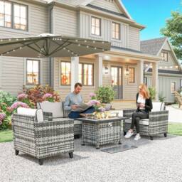 OUTSUNNY 5 PCs Rattan Garden Furniture Set with Fire Pit Table in Grey - thumbnail 1