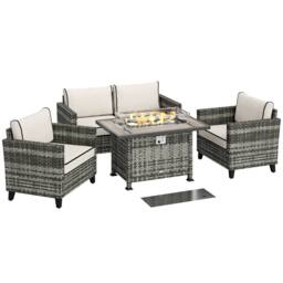 OUTSUNNY 5 PCs Rattan Garden Furniture Set with Fire Pit Table in Grey - thumbnail 2