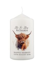Personalised Memento Company Women's Personalised Highland Cow Pillar Candle in Off-White