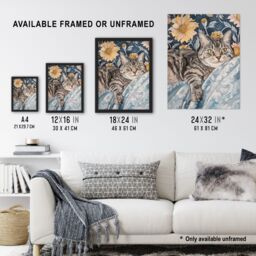 "Artery8 Cat Lover Tabby Moggie Elegant Floral Portrait Framed Wall Art in Blue - Size: W12"" x H16""" - thumbnail 3